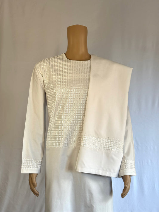 White Stitched Set w/ Matching Shawl - Men's Traditional Afghan Outfit